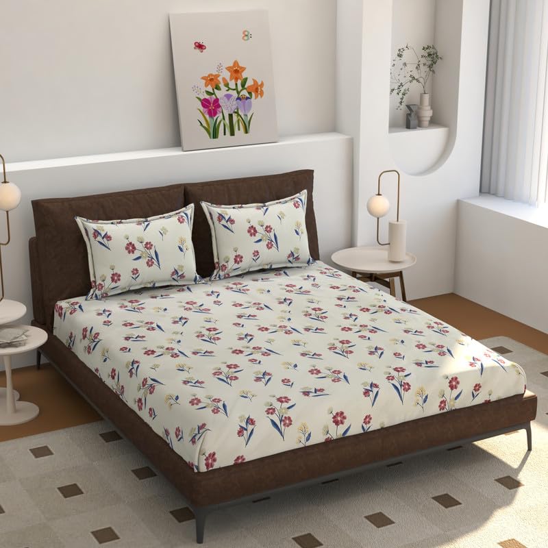 Printed Double Bedsheet With 2 Pillow Covers - 96 X 89 Inches, Blue & Cream | Ideal For Daily Use, Bedroom Decor & Gifting | Resistant All-Season Bedsheet