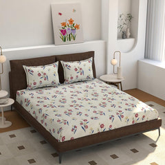Light Weight King Size Bedsheet With 2 Pillow Covers - 72x78+10 Inches, Cream & Blue | All Around Elastic Fitted Bedsheet | Ideal For Daily Use