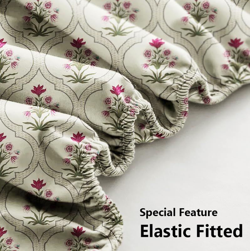 Cotton Elastic Fitted Bedsheets With 2 King Size Pillow Covers | 72 X 78 Inches, Almond & Pink - Double Bed Wrinkle Free With All Around Elastic 220 TC Super Soft