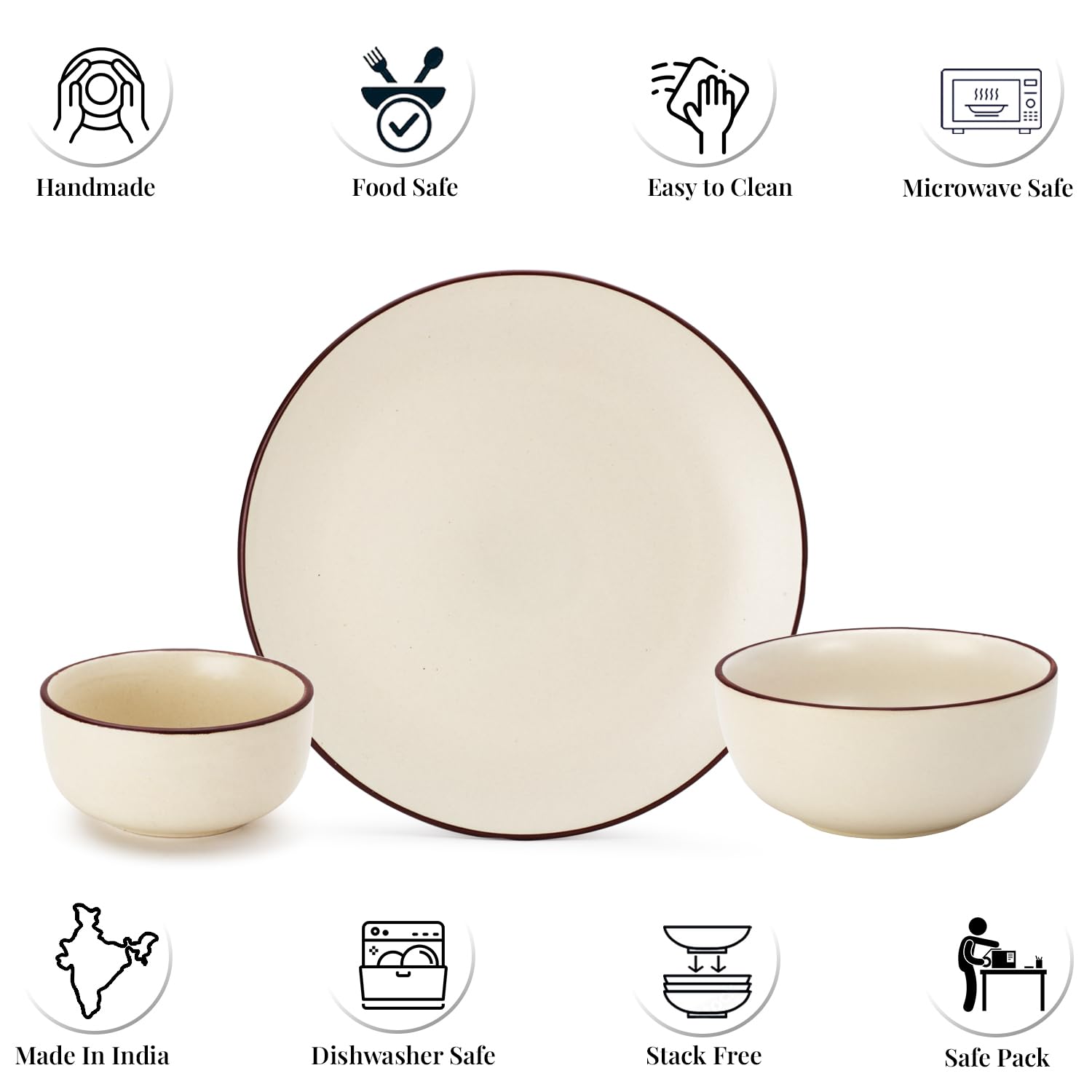 Handcrafted Ceramic Stoneware Dinner Set Of 20 Pcs With Serving Bowl Set - Off White | 6 Dinner Plates, 10.6 Inch Each + 12 Small Dinner Bowl, 170ml Each+ 2 Serving Bowl, 1000ml Each | Serving For 6