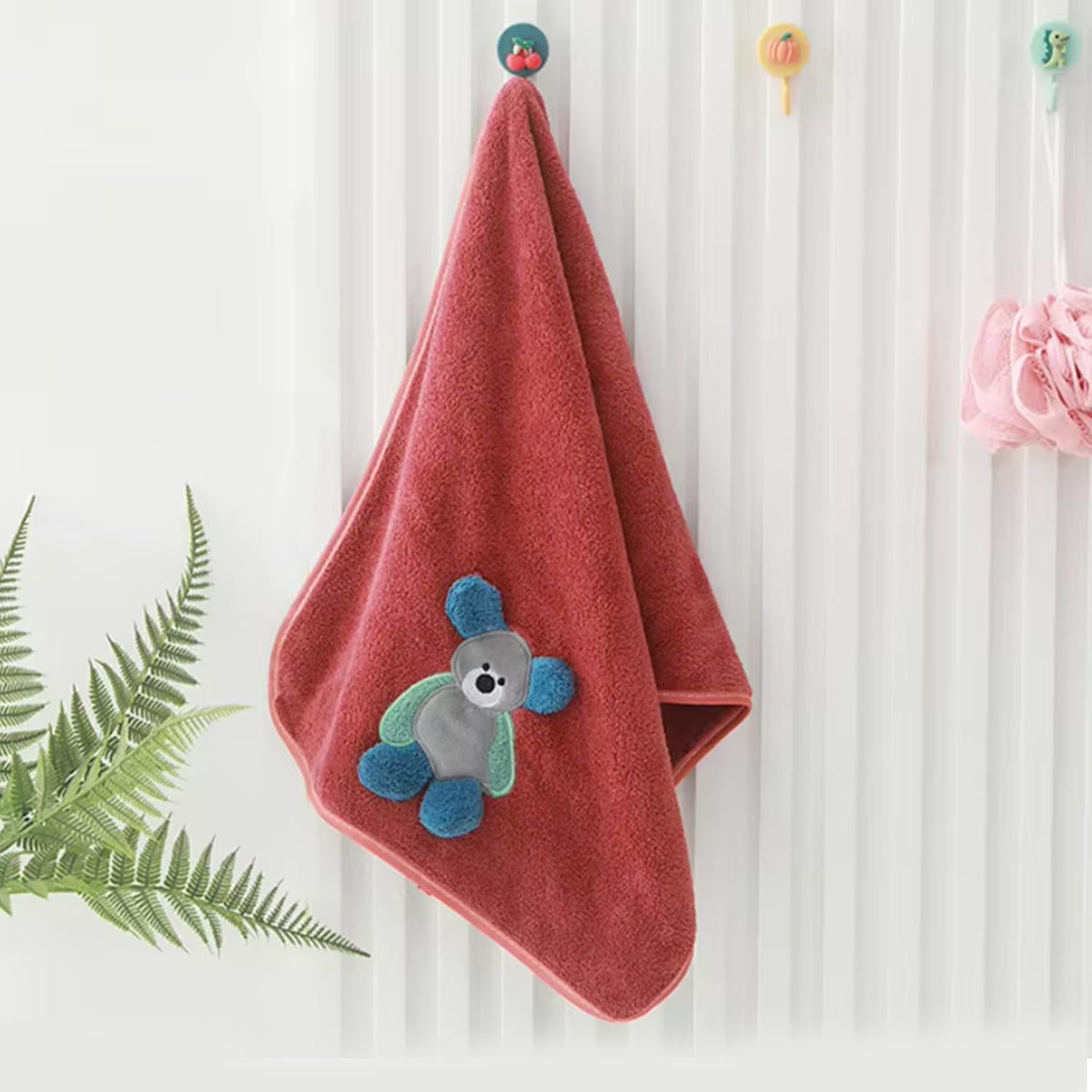 Maxoshine Microfiber Kids Bath Towels 300 Gsm | Quick Drying Towels For Unisex Kids-Teddy Bear Print Baby Towel For Boys & Girls (Red)