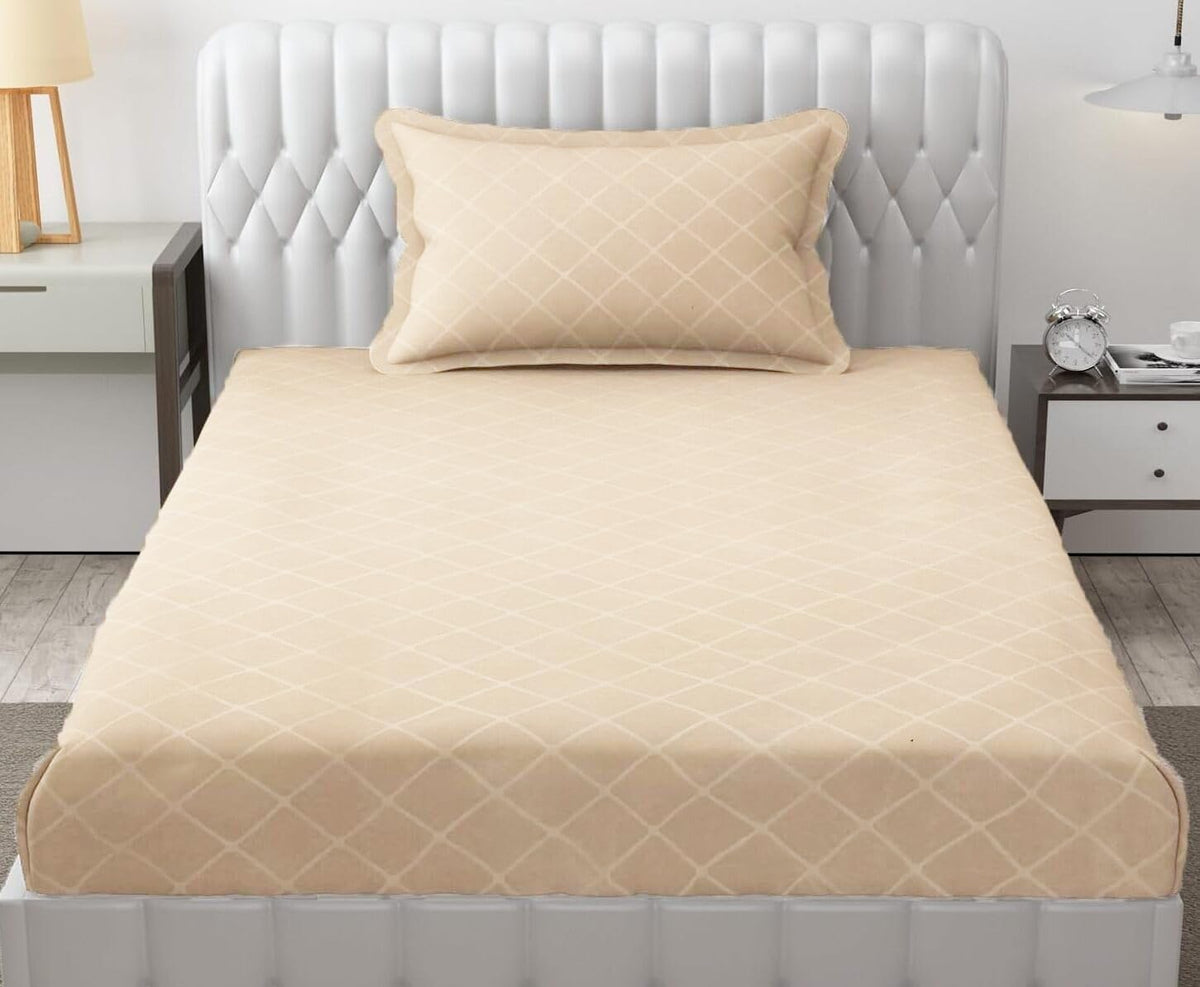 Check Single Bedsheet With 1 Pillow Cover 60 X 90 Inches, Cream | Comfortable & Durable | Elegant Printed Bedding Set For Daily Use