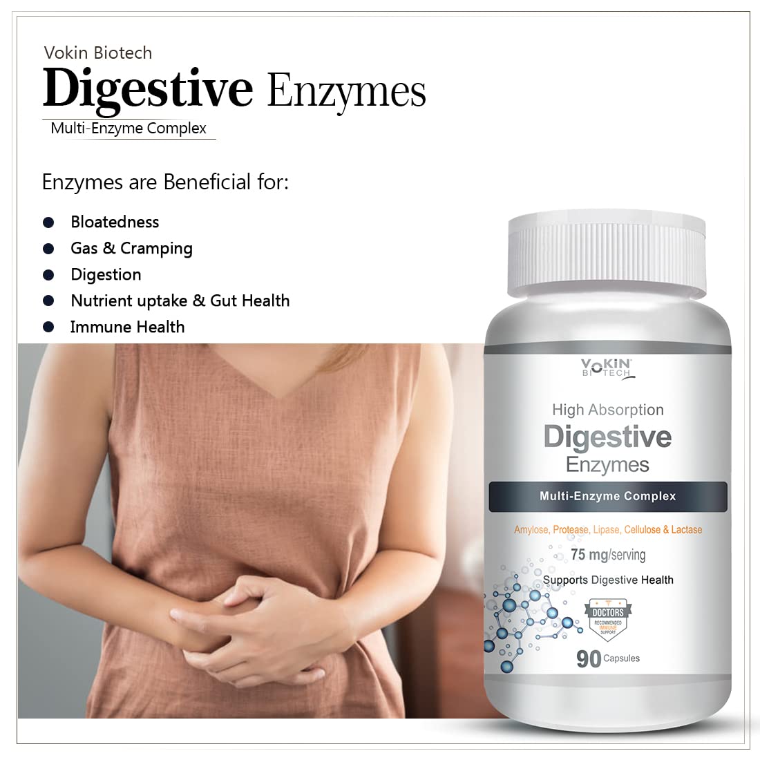 Vokin Biotech Digestive Enzymes Multi - Enzyme Complex, For Digestive Health Support, 75mg | 90 Capsules, 150gm 0.3lbs