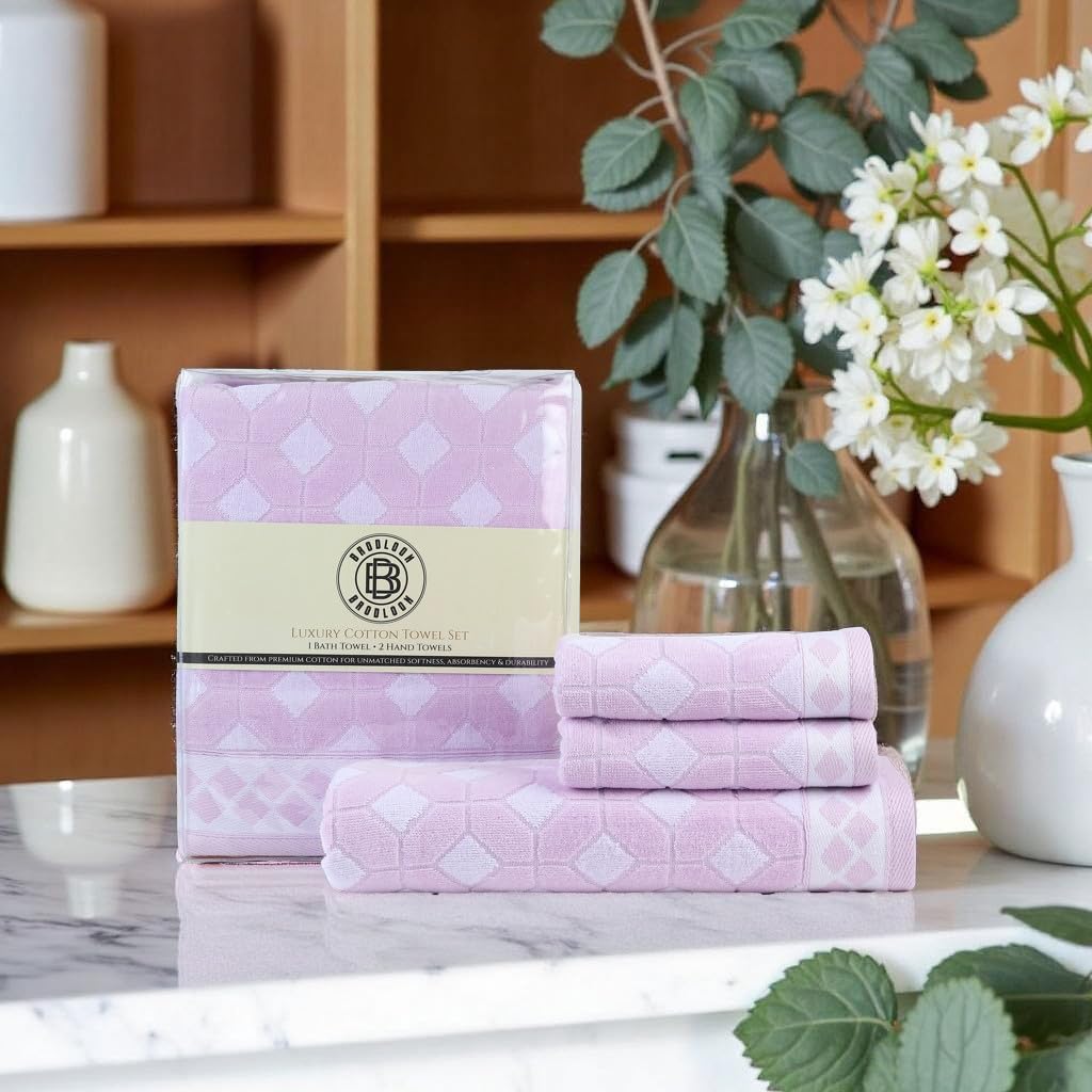 Brodloom Cotton 1 Bath Towel + 2 Hand Towels 950 Gsm | Ultra Soft, Quick Dry & Premium Gift Set Towel (Lavender)