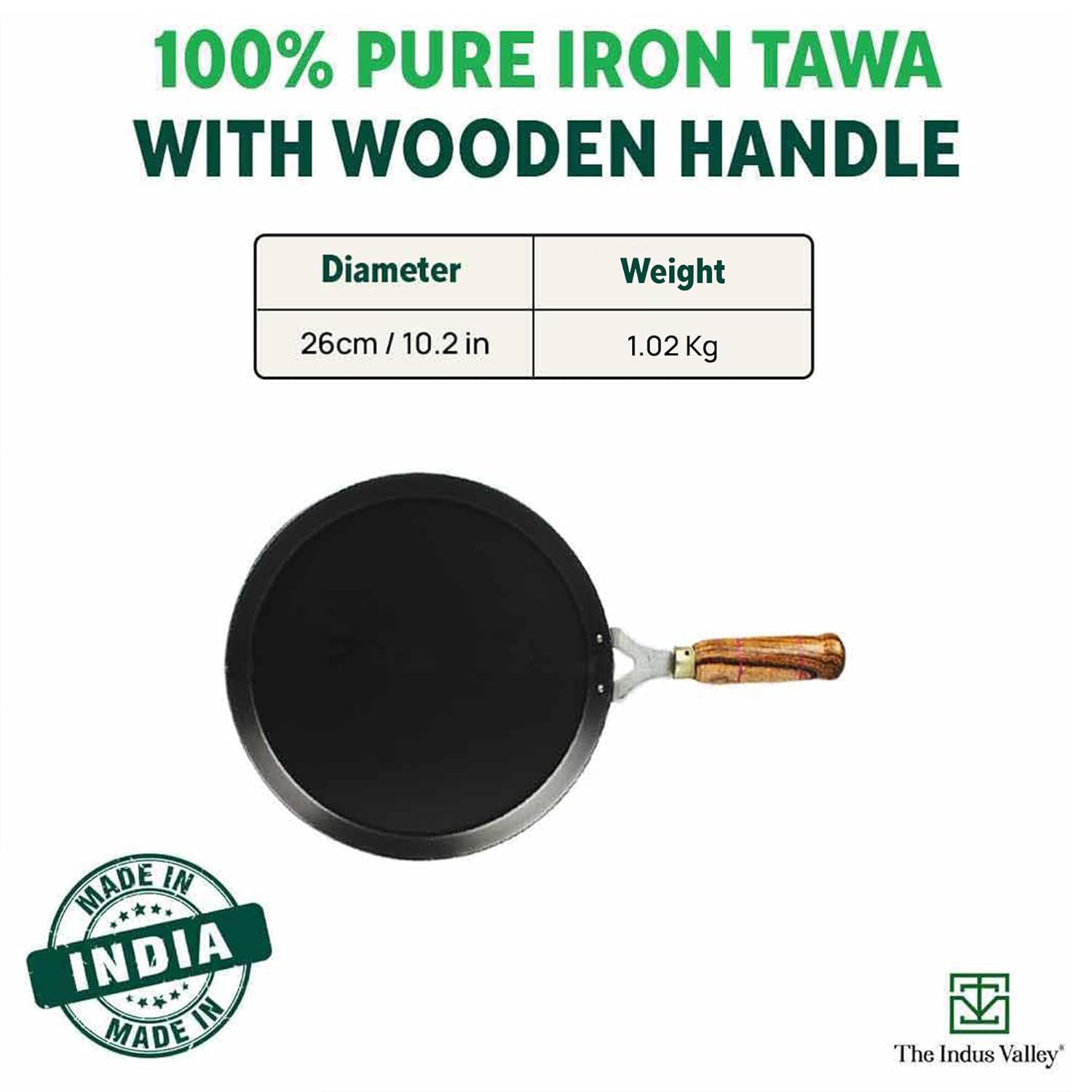 Pre-Seasoned Black Iron Tawa For Dosa, Chapathi With Wooden Handle - 26cm, 10.2 Inch, 1.02 Kg | Induction Friendly, 100% Pure & Toxin-Free, No Chemical Coating