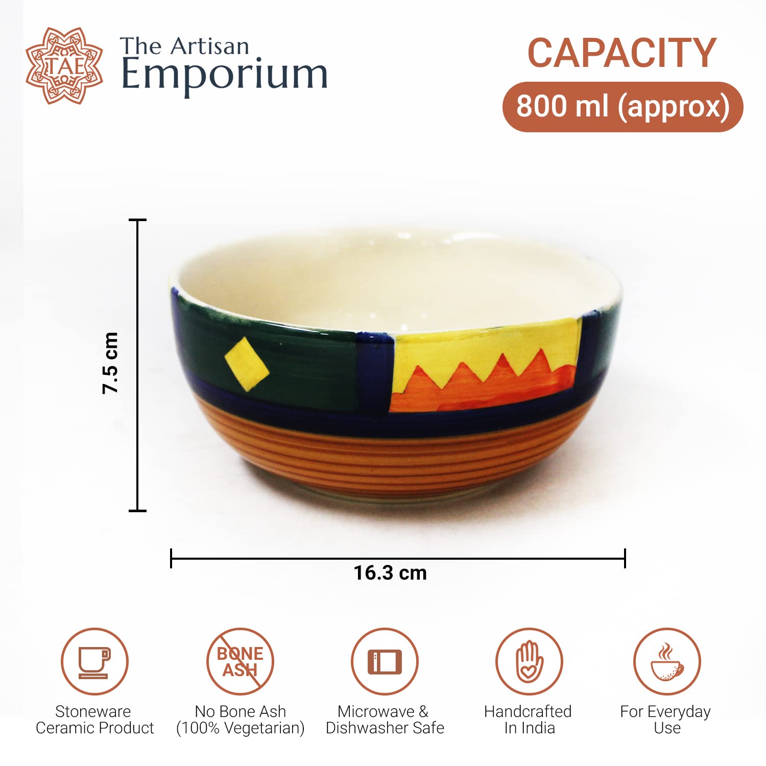 Boho Fiesta Ceramic Serving Bowl Set Of 2 Pieces - 800ml Each, Multicolor | Hand Painted Large Dining Serving Bowls For Serving - Microwave Safe & Dishwasher Safe