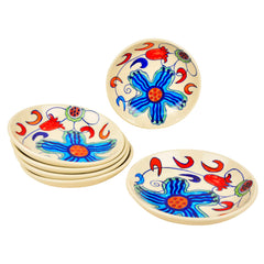 Hand Painted Ceramic Floral Round Pasta Serving Plates Set Of 6 - 8.5 Inches, Off White & Multicolor | Soup Plates - Ceramic Maggi Plates