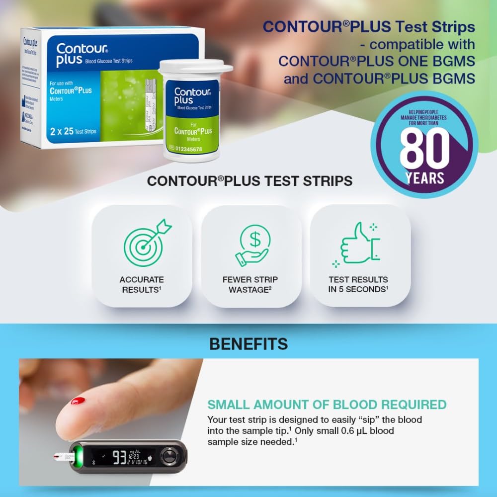 Contour Plus Blood Sugar Test Strips (50 Pack) | Easy to Use & Accurate