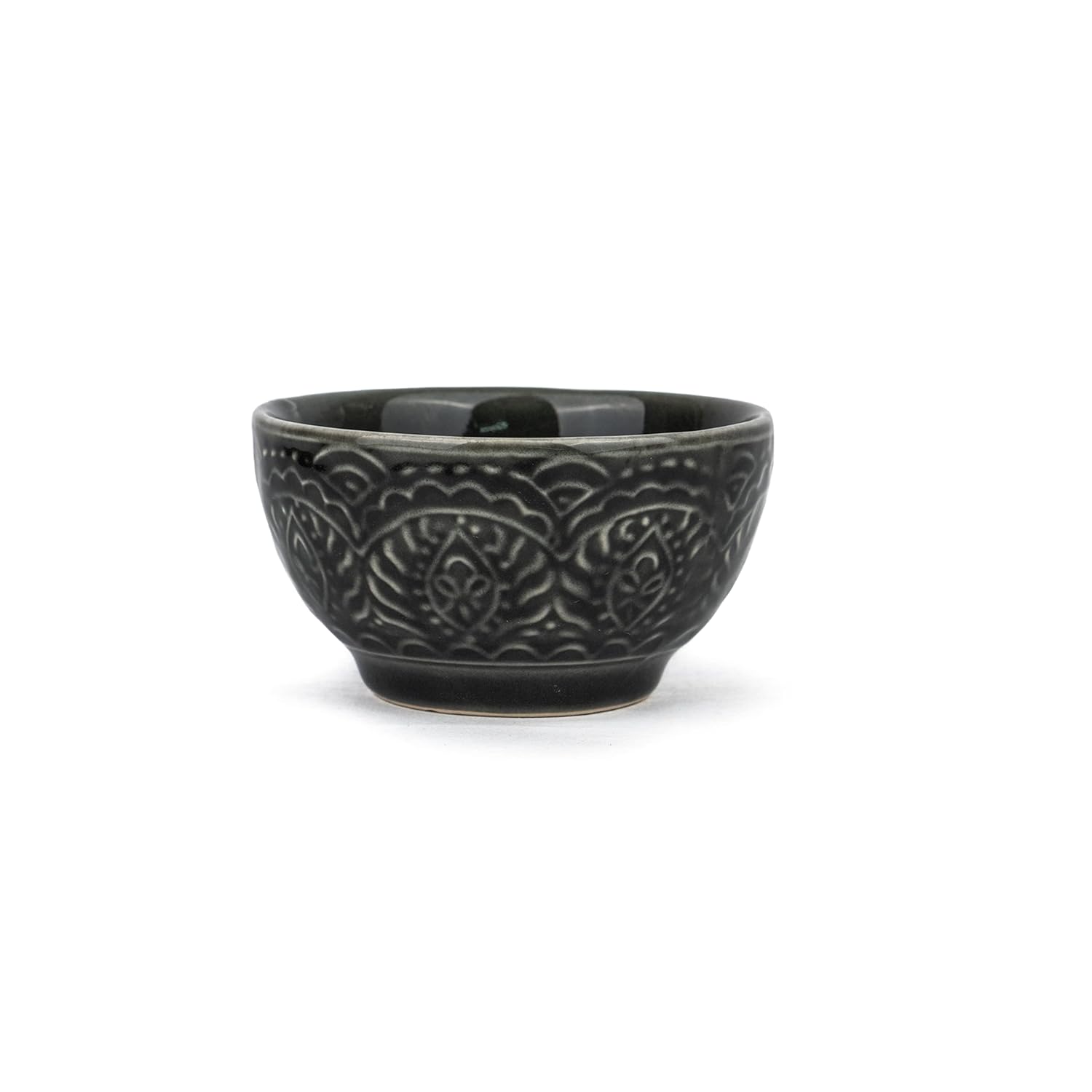 Ceramic Carving Veg Bowls Set Of 6 For Dinner - 160ml Each, Black Carving | Katori Set - Ceramic Bowls With Glossy Finish | Dessert Bowl Set - Ice Cream Bowls