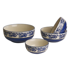 Studio Pottery Hand Painted Dinner Serving Bowl Set Of 4 - 1200ml, 650ml, 450ml & 250ml, Blue | Dinner Serving Donga Set - Stackable Kitchen Bowl Set