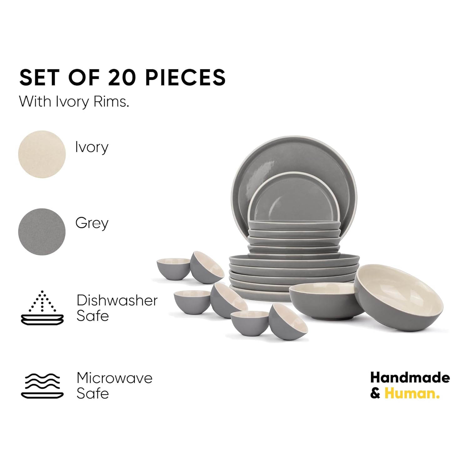 Ceramic Dinner Set Of 20 Pcs, Grey | Crockery Set For Dining Table - Glossy Finish Premium Stoneware | 6 Dinner Plates + 6 Quarter Plates+ 6 Veg Bowls, 180ml Each+ 2 Medium Bowls, 800ml Each