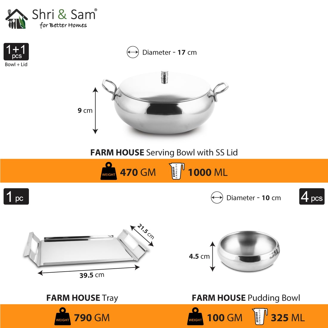 Stainless Steel Farm House Serving Set, Silver | 1 Big Serving Bowl With Lid, 1000ml + 4 Small Bowls+ 1 Tray