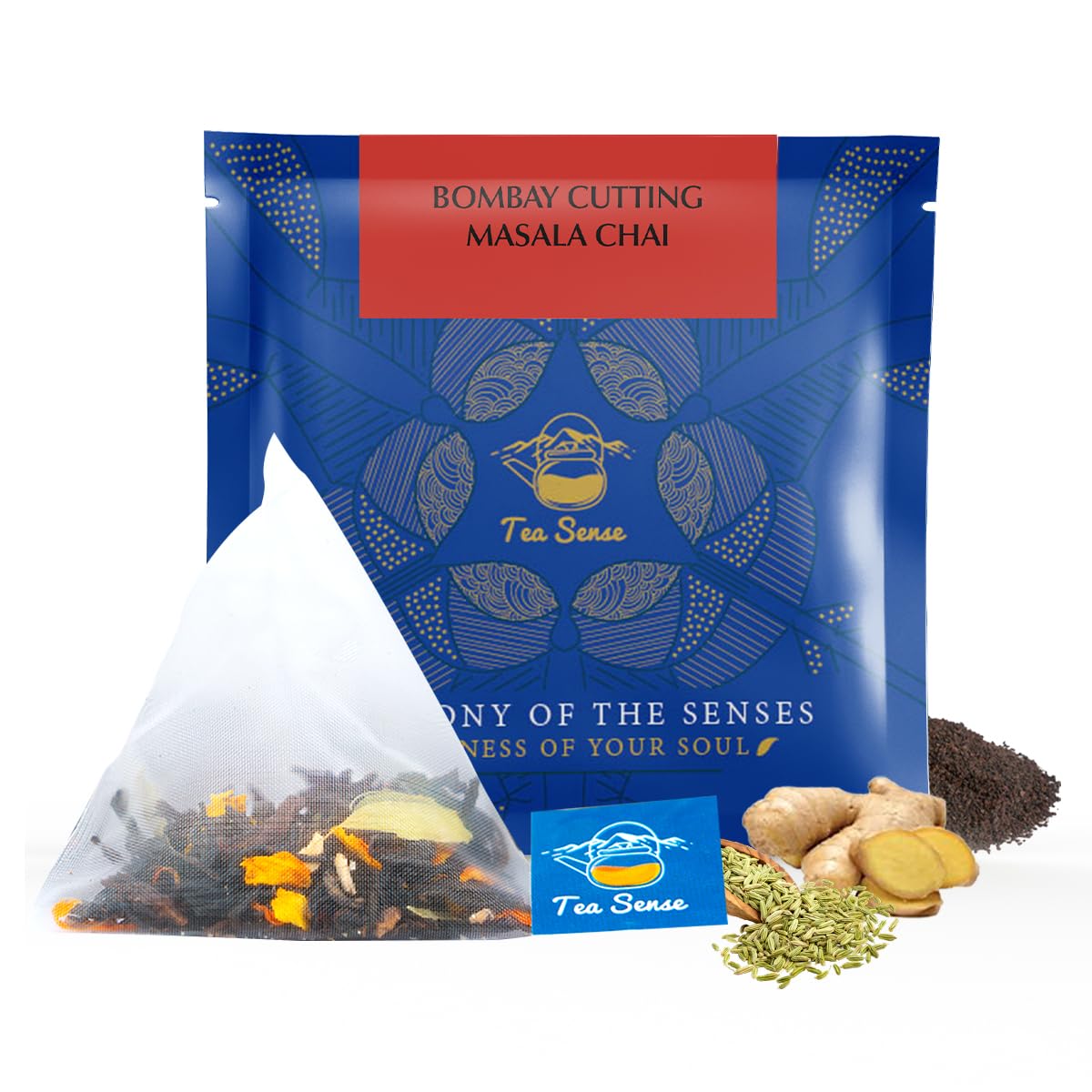 Tea Sense Bombay Cutting Masala Chai - 15 Pyramid Tea Bags | Assam CTC, Cardamom, Fennel, Dried Ginger, Black Pepper - Rich Flavor & Strong Chai Patti, High Caffeine | Authentic Kadak Blend