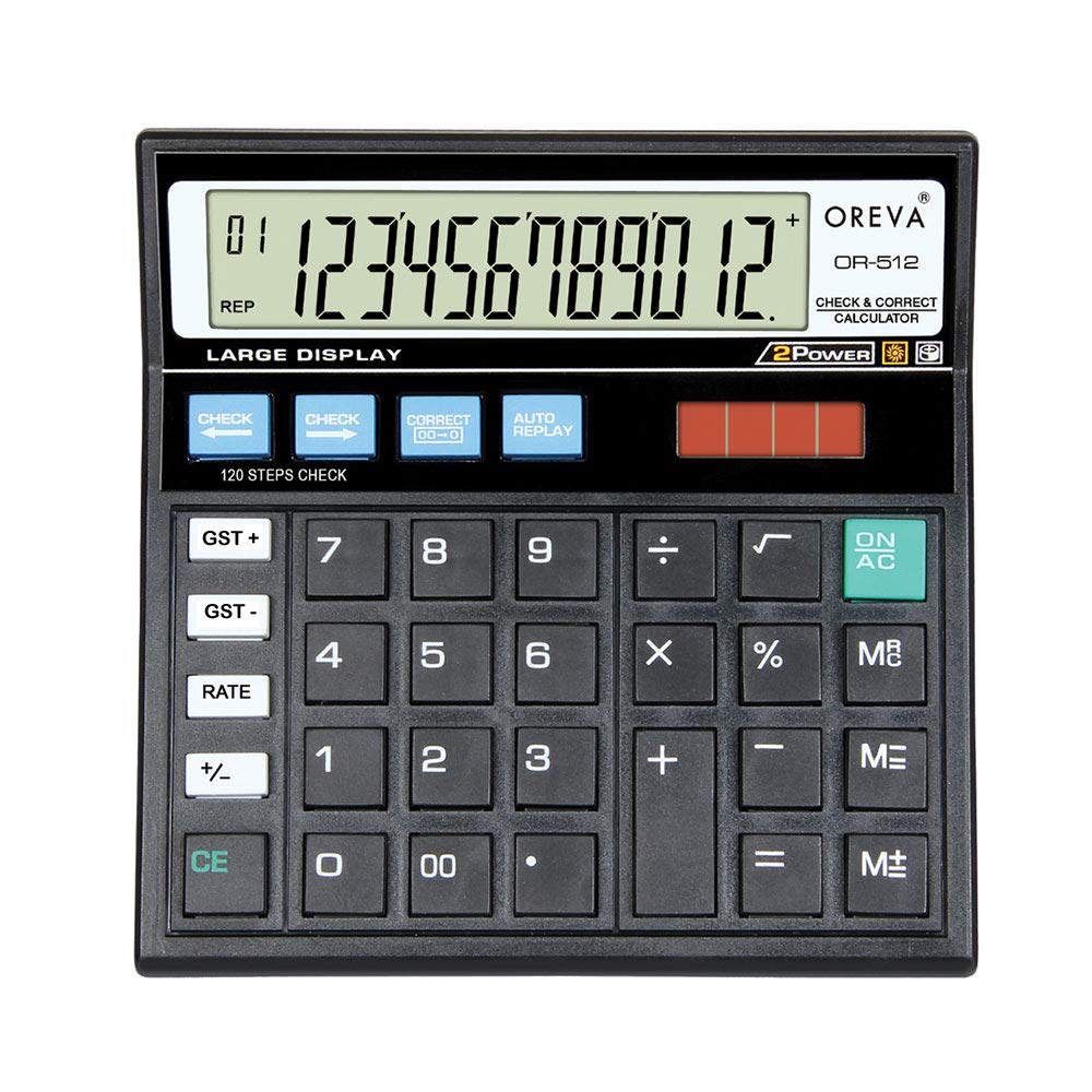 Oreva Or-512 Check & Correct GST Calculator (Black) | 12 Digit Calculator Runs On Solar & Battery - 120 Steps Check Correct