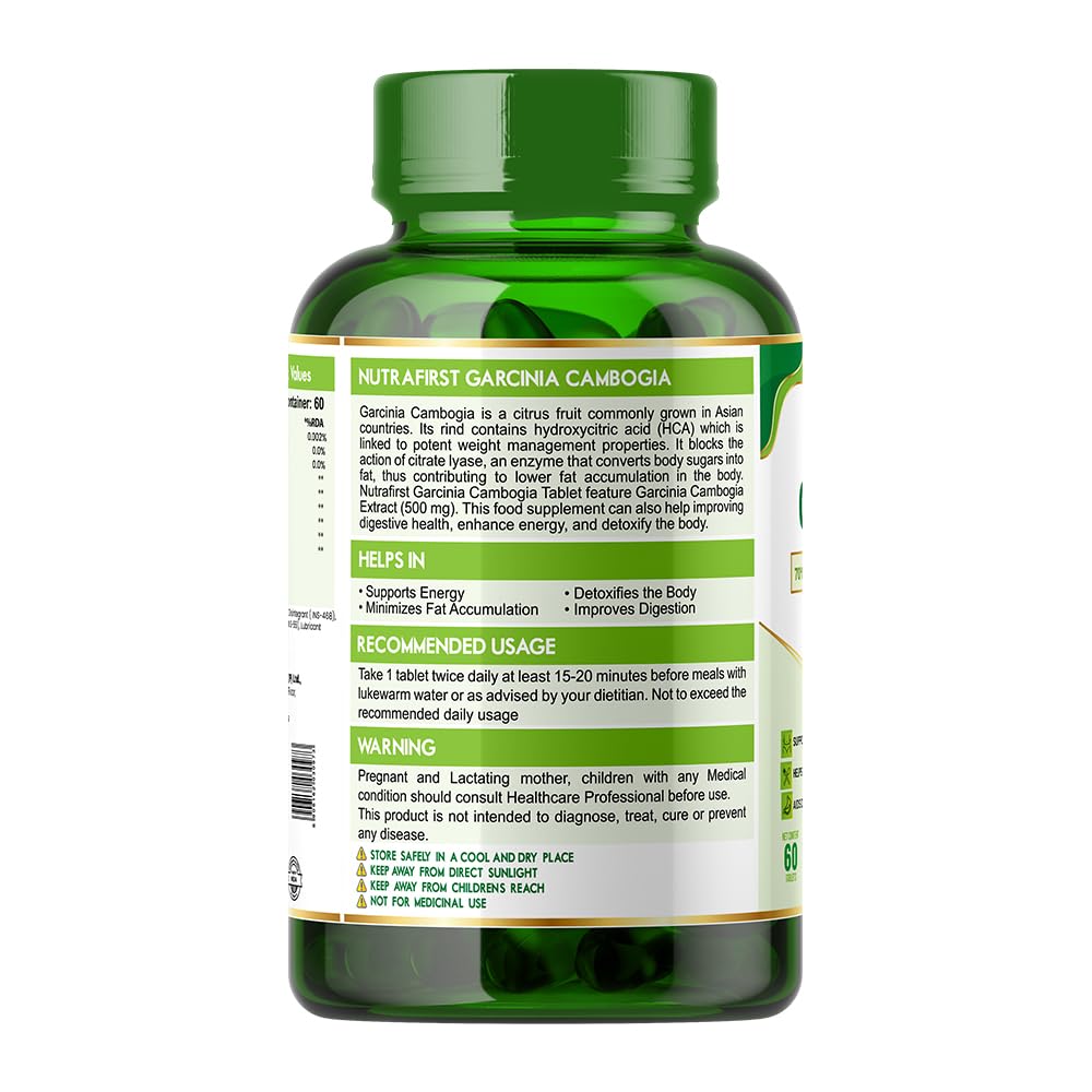 Nutrafirst Garcinia Cambogia Tablets 800mg With 70% Hca & Green Tea Extract, For Weight Management, Improves Digestion For Men & Women | 60 Tablets 100gm 0.2lbs