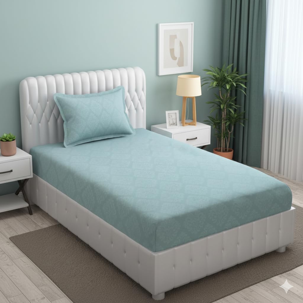 Soft Microfiber Single Bedsheet With 1 Pillow Covers - 60 X 90 Inches | Turquoise, Damas Design | Wrinkle Free Design & Easy To Wash | Refreshing Your Bedroom Look