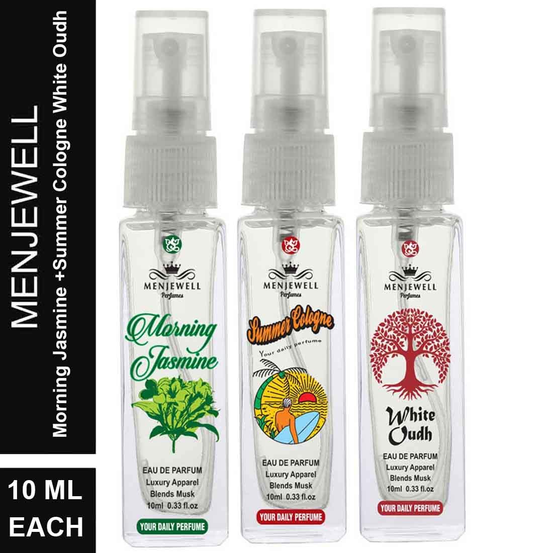 Menjewell Morning Jasmine+ Summer Cologne+ White Oudh Eau De Parfum Pack Of 3x 0.3 Fl.oz. | Pocket Perfume Combo For Women | Daily Wear