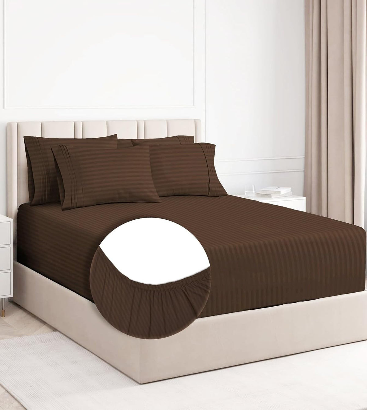 Elastic Fitted Double Bedsheets With 2 King Size Pillow Covers - 72x78+10 Inches, Brown | Double Bed With All Around Elastic 220 Thread Count Super Soft