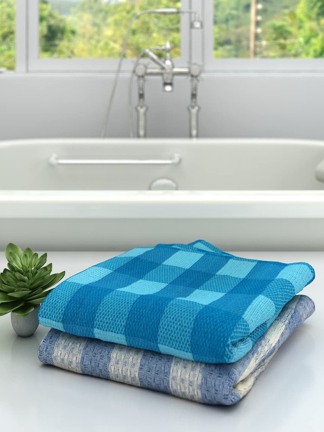 Athom Trendz Living Eco Saviour Premium Cotton Bath Towel 400 Gsm Blue Checkers & S Blue Big Checks- Pack Of 2