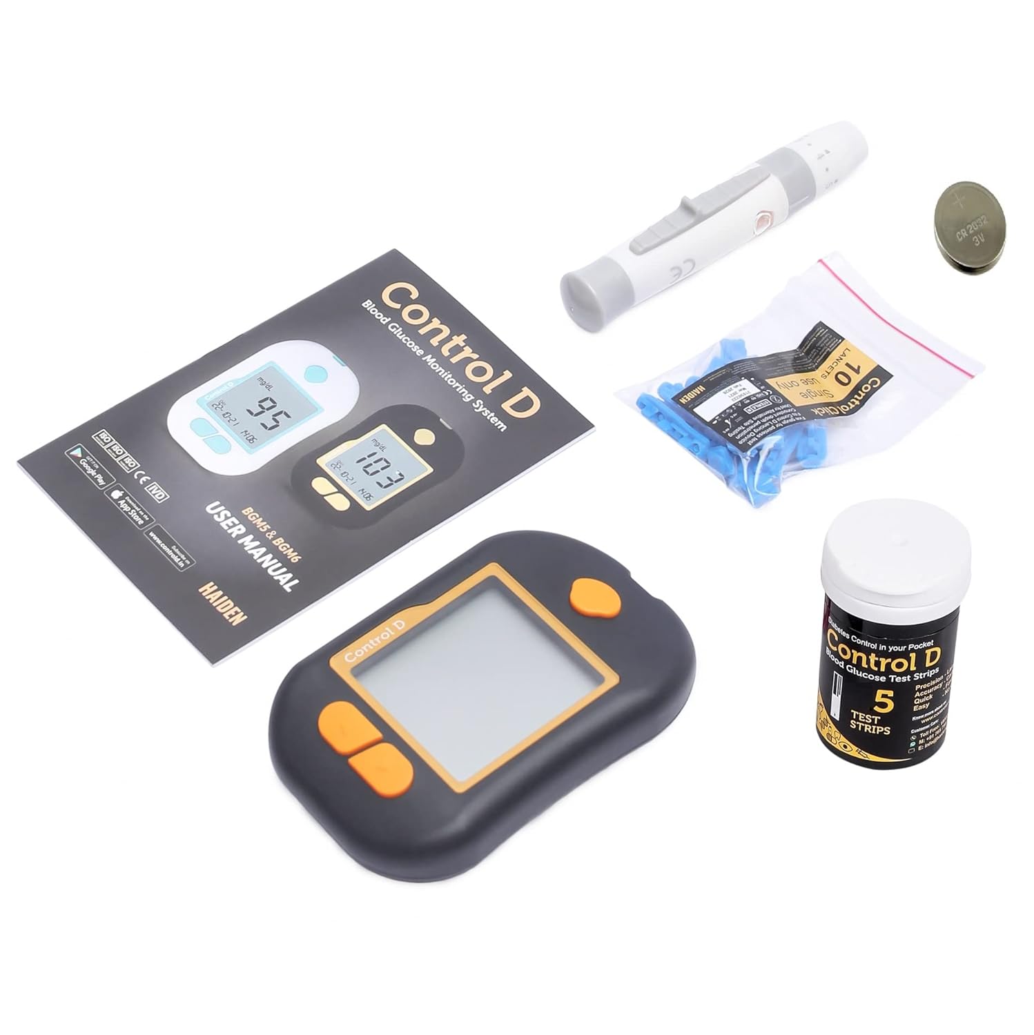 Control D Advanced Digital Glucose Blood Sugar Testing Monitor With 5 Strips Glucometer