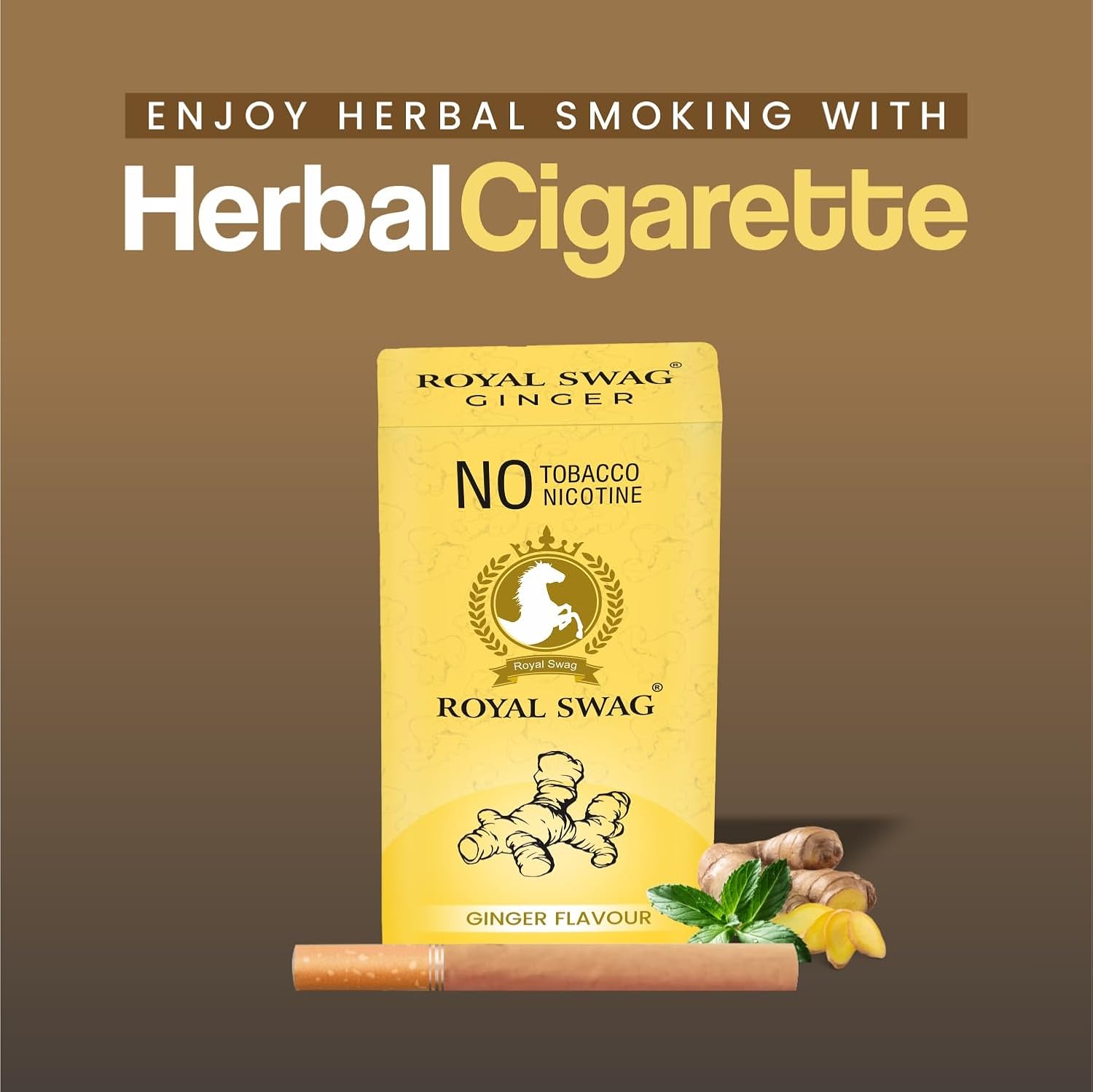 Royal Swag Natural Herbal Cigarettes Ginger Flavour (10 Sticks) Ayurvedic Herbs Clove, Tulsi, And More Additives And Chemicals 100% Tobacco-Free And Nicotine-Free