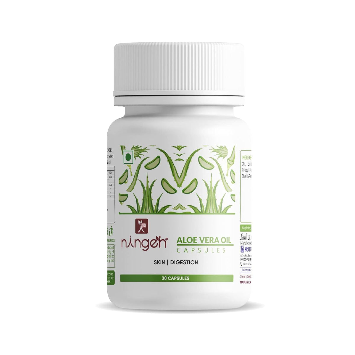 Ningen Aloe Vera Oil Capsules, 500mg For Skin & Digestion, Gluten, Paraben, Soy, Gmo Free | 30 Veg Capsules, 50gm 0.1lbs