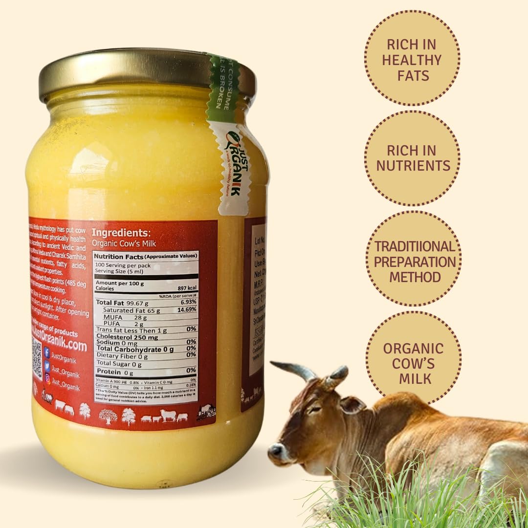 Organic Cow'S Desi Ghee By Just Organik | Rich In Nutrients Flavor Cow Ghee For Cooking & Ayurvedic Health | (500ml) 16.9 Ounce | Jar Pack