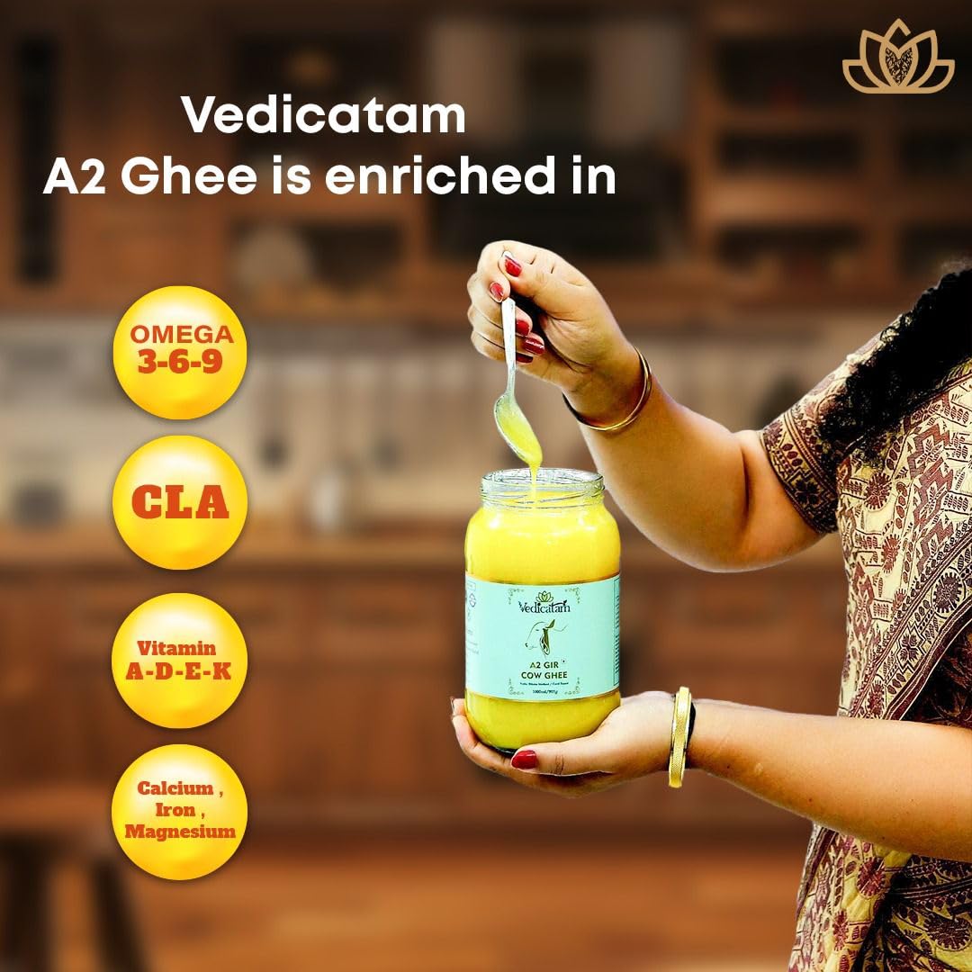 Natural A2 Gir Cow Desi Ghee By Vedicatam | Traditional Bilona Method Curd- Churned Healthy Pure Desi Ghee | (1 Litre) 33.8 Ounce | Jar Pack
