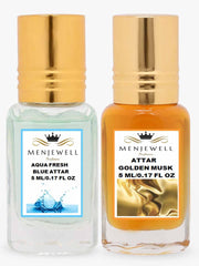 Menjewell Aqua Fresh Blue + Golden Musk Attar Perfume 5ml 0.17 Fl.oz. Each Pack Of 2 | Unisex Fragrance | Long Lasting