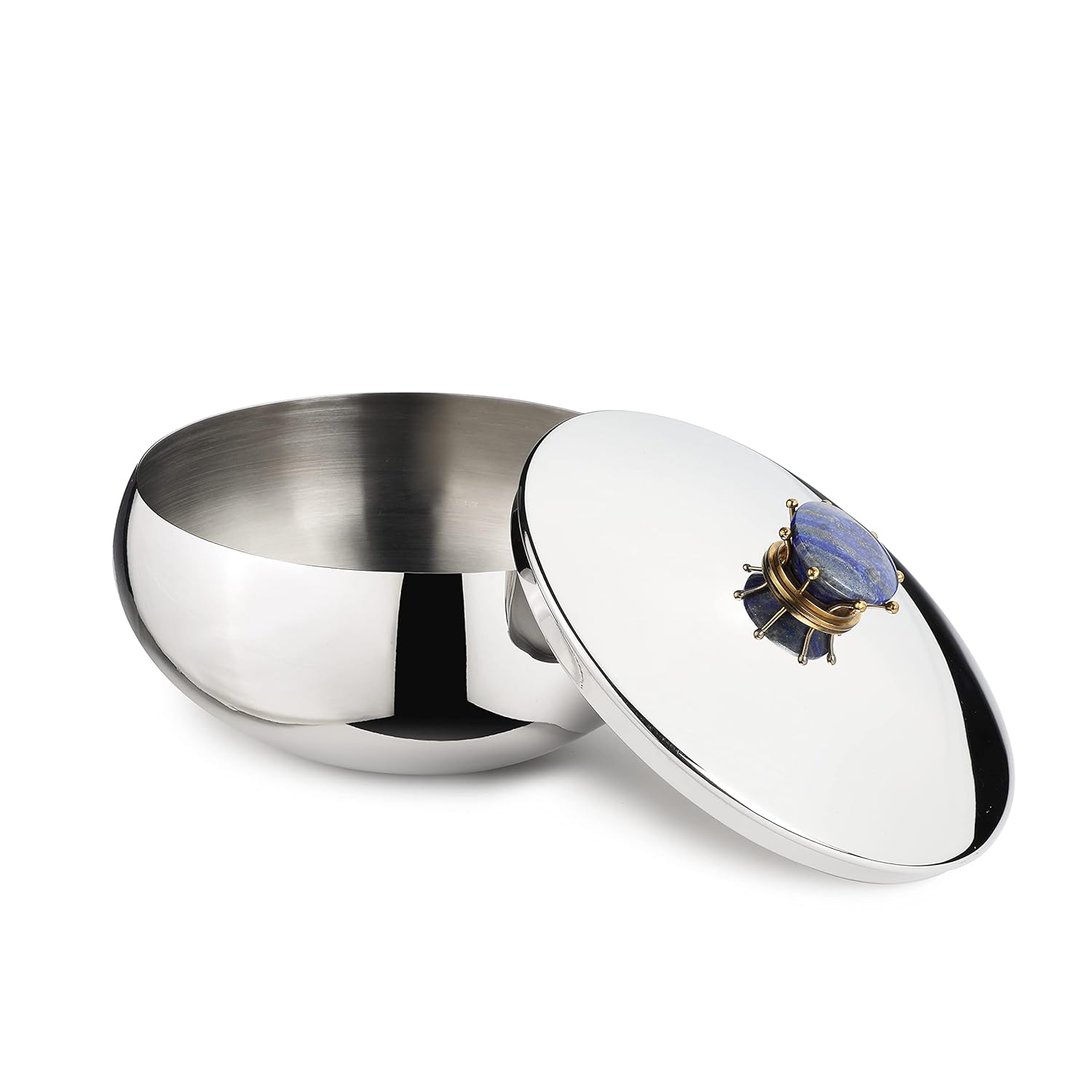 Silver Stainless Steel Bowl With Lid - Medium, Royal Lapiz Series | Storing & Serving Bowl - Lapis Lazuli Stone Lid | Serve Ware, Dinnerware & Tableware
