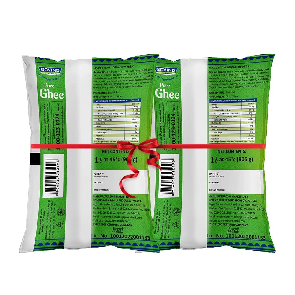 Premium Pure Cow Ghee By Govind | Rich In Vitamins A, D & E Healthy Nutrients Desi Ghee Good For Laddus | 2 Litre (1 Litre * 2) 67.6 Ounce | Pouch Pack
