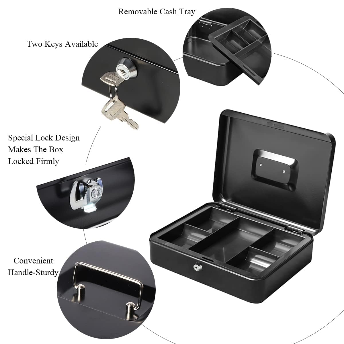 Small 12" Cash Box With Key Lock, Portable Petty Cash Box With Coin Tray, Money Safe Box, Colour - Black, Material - Alloy Steel