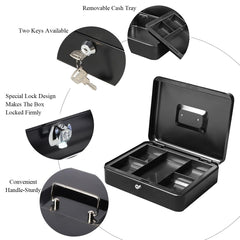 Small 12" Cash Box With Key Lock, Portable Petty Cash Box With Coin Tray, Money Safe Box, Colour - Black, Material - Alloy Steel
