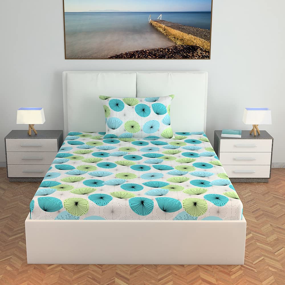 Single Bedsheet With 1 Pillow Cover - 57 X 87 Inches, White & Aqua | Designer Printed Bedsheet Set - Naturally Soft, Breathable & Skin Friendly