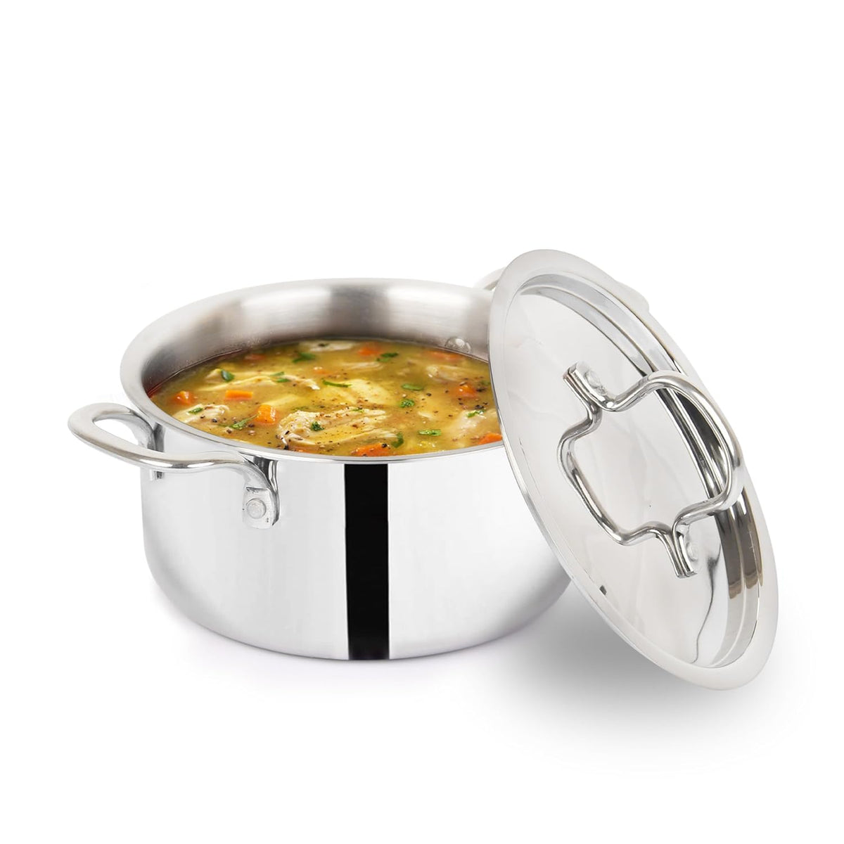 Triply Stainless Steel Stock Pot Or Casserole With Steel Lid | Very Small, 20cm, 7.8 Inch, 2.1 Liters, 1.3 Kg - Induction Friendly, Nonstick 3-Layer Body, 100% Pure & Toxin-Free