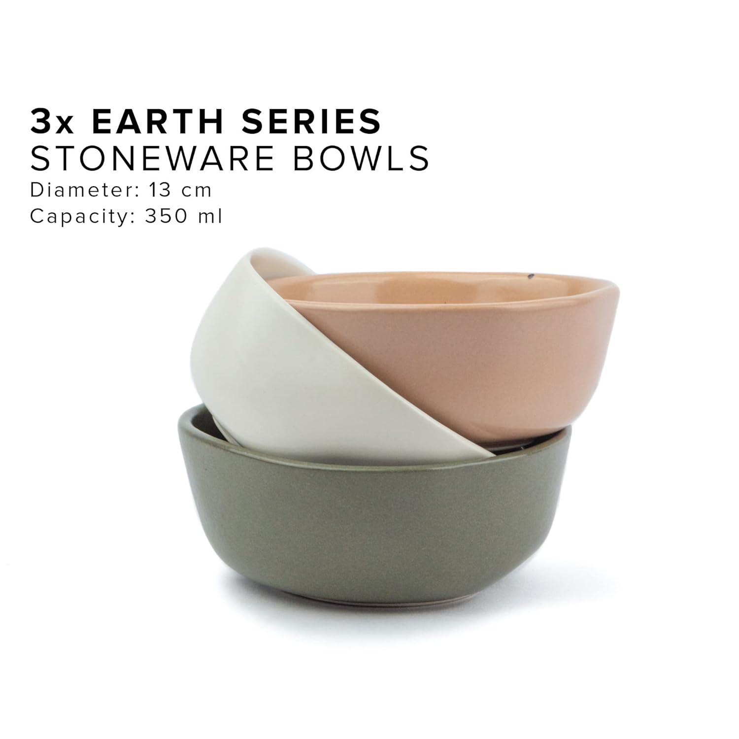 Ceramic Earth Bowl Set Of 3 Pieces For Snacks - 350ml Each, 1 Each Beige, Green, White | Cereal Bowl - Maggie Bowl With Matte Finish | Durable & Microwave Safe