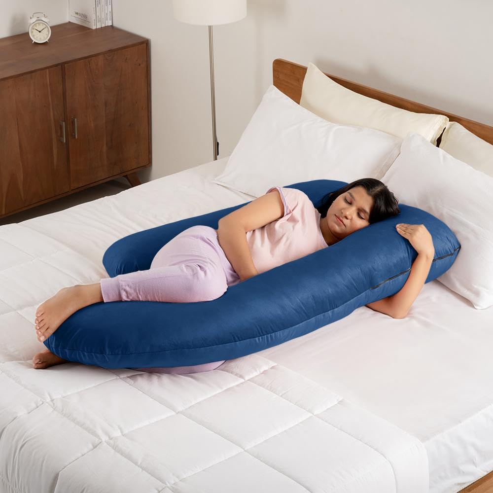 Pregnancy Pillow, J Shaped Pillow, Maternity Pillow For Sleeping - Dark Blue | Pillow For Pregnant Women, Velvet Cover | Full Body Support For Better Sleep, Pillow For Back Support