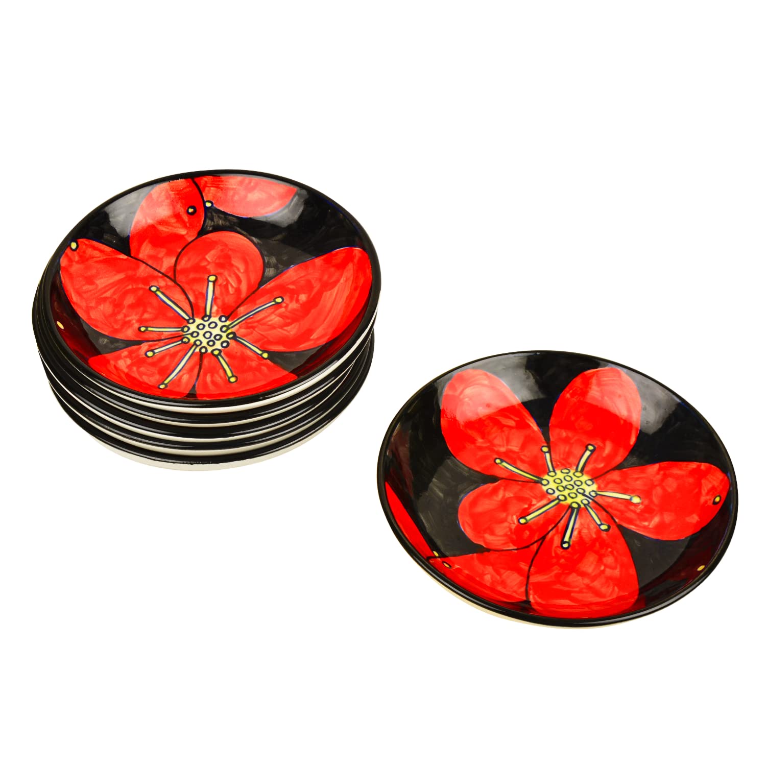 Hand Painted Ceramic Floral Round Pasta Serving Plates Set Of 6 - 8.5 Inches, Red & Black | Soup Plates - Ceramic Maggi Plates