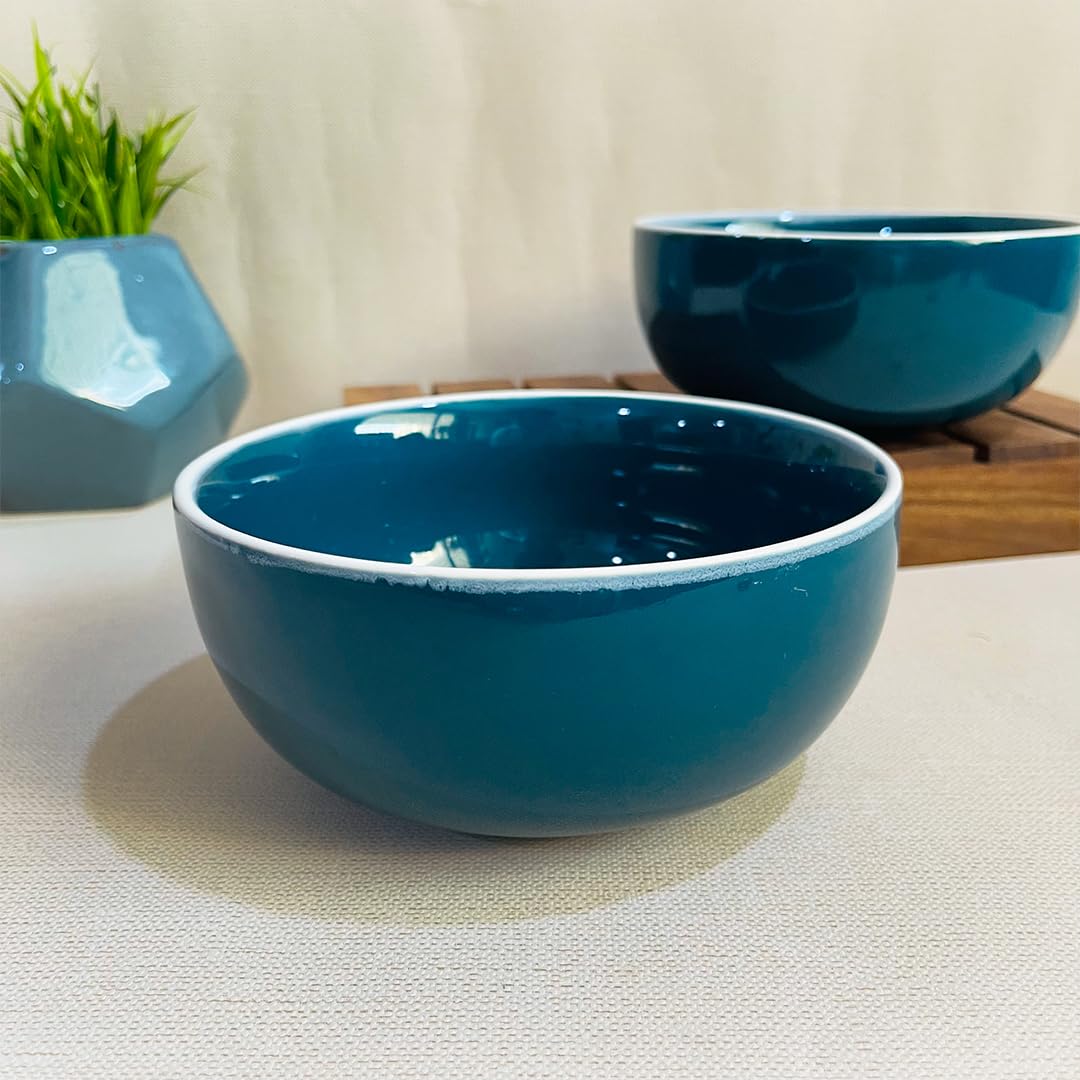 Retro Green Hand Painted Ceramic Dinner Set Of 20 Pieces With Serving Bowls | 6 Dinner Plates + 6 Side Plates+ 6 Katori Bowls, 180ml Each + 2 Serving Bowls, 800ml Each | Serving For 6