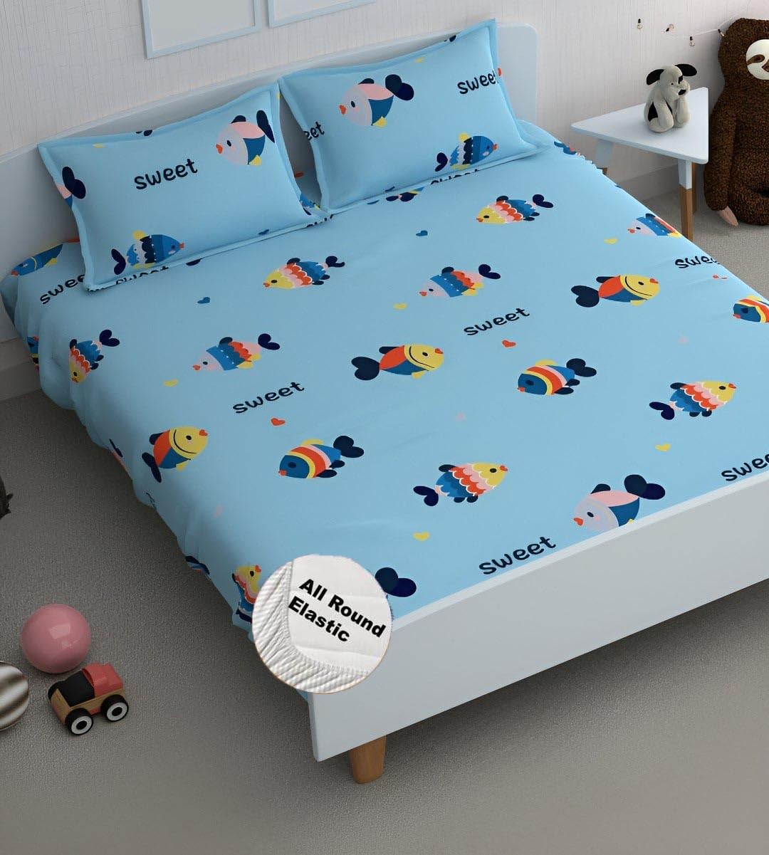 Cartoon Printed Double Bedsheet For Kids With 2 Pillow Cover - 72 X 78 X 10 Inches, Aqua | Cotton Feel All Around Elastic Fitted King Size Double Bed