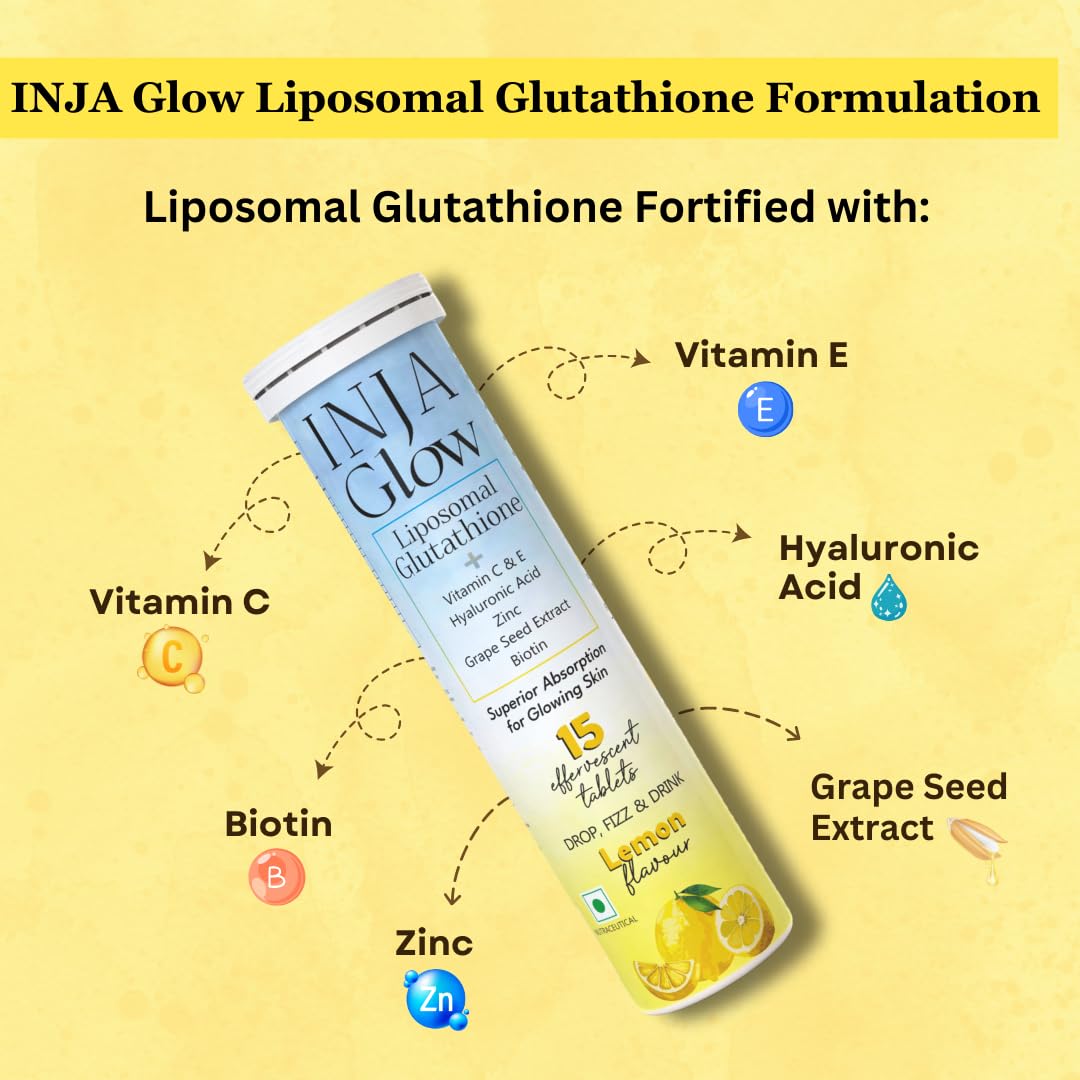 Inja Glow Liposomal Glutathione + Vitamin C & E, 4x Effective, Hyaluronic Acid Zinc, Grape Seed Extract For Enhances Skin Glow, Reduces Dark Spots | 15 Tablets, Lemon Flavour , 50gm 0.1lbs