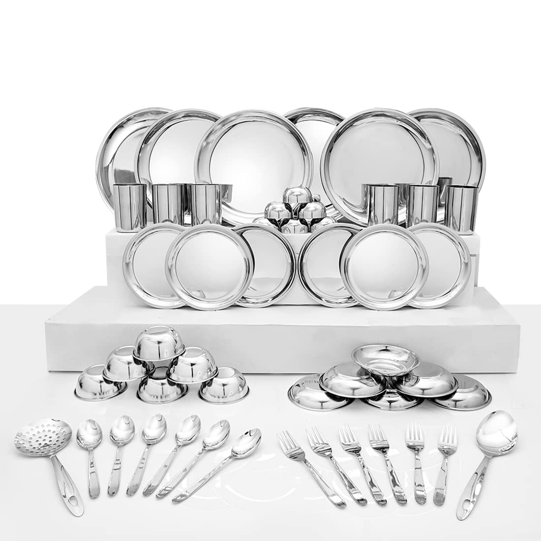 Stainless Steel Delight Solid Dinner Set Of 50 Pieces, Silver | Easy To Clean & Dishwasher Safe