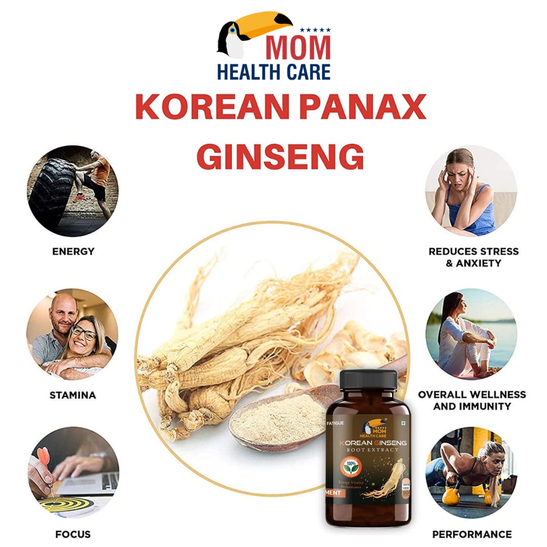 Mom Health Care Korean Ginseng For Men, Supports Brain Function, Help For Boosts Immunity, Relieves Stress For Muscles Pure & Organic | 90 Capsule 100gm 0.2lbs