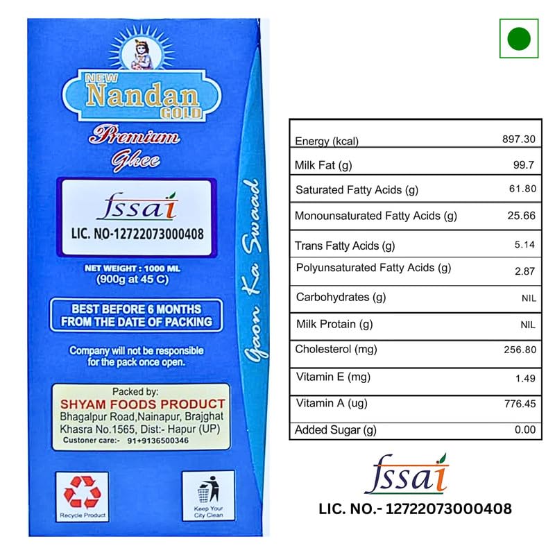 Pure Desi Cow Ghee By New Nandan Gold | Rich Aromatic & Nutritious Indian Cow Ghee Perfect For Cooking | (1 Litr) 33.8 Ounce | Box Pack