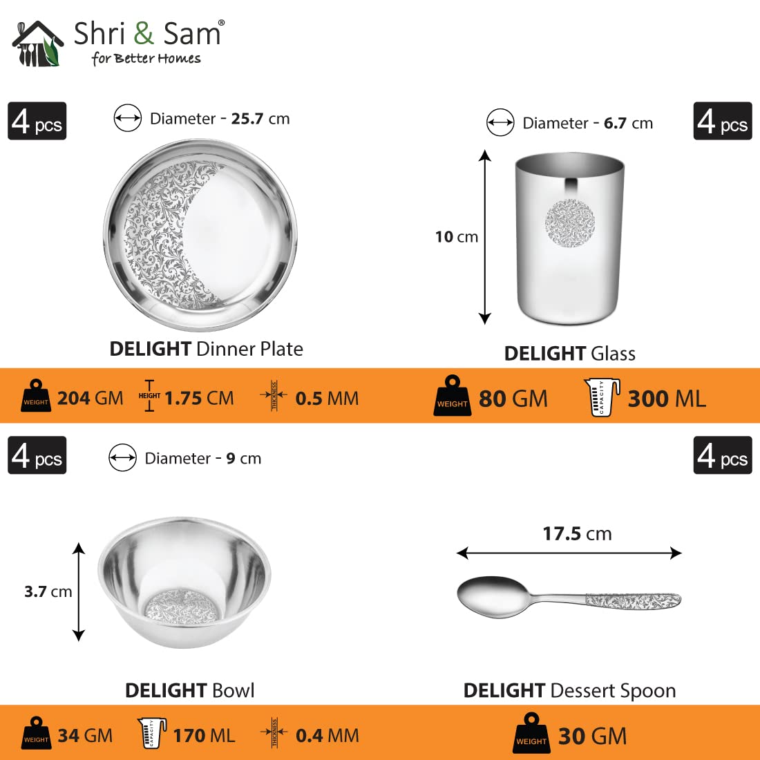 Designer Stainless Steel Delight Laser Bloom Dinner Set Of 16 Pieces, Silver | 4 Dinner Plates+ 4 Glasses+ 4 Bowls+ 4 Dessert Spoons