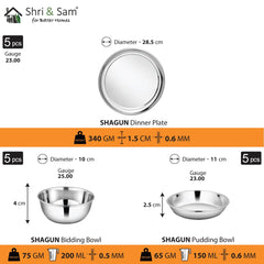 Stainless Steel Shagun Solid Dinner Set Of 30 Pcs, Silver | 5 Dinner Plates+ 5 Bidding Bowls+ 5 Pudding Bowls+ 5 Glasses+ 5 Dinner Spoon+ 5 Dinner Fork