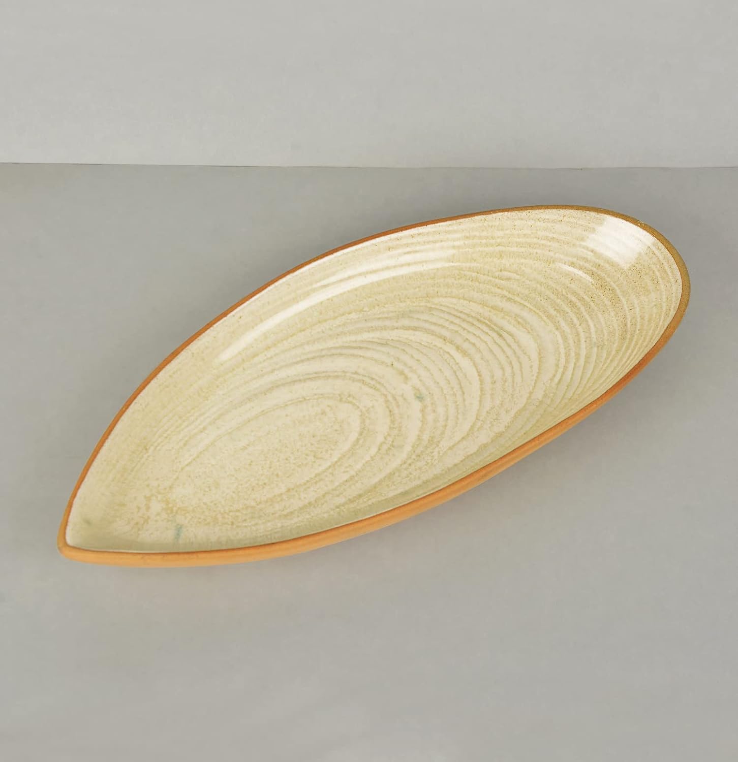 Luxurious Boat Shaped Ceramic Platter With Spiral Design - Ivory, 11 Inches | Starter Serving Tray - Kebab Platter