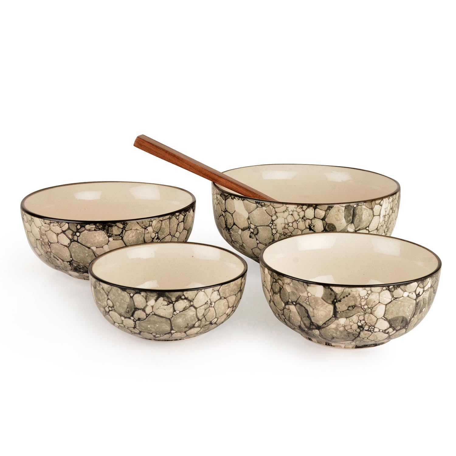 Hand Painted Ceramic Dinner Serving Bowl Set Of 4 - 1200ml, 700ml, 400ml & 300ml, Grey | Dinner Serving Set - Stackable Kitchen Bowl Set