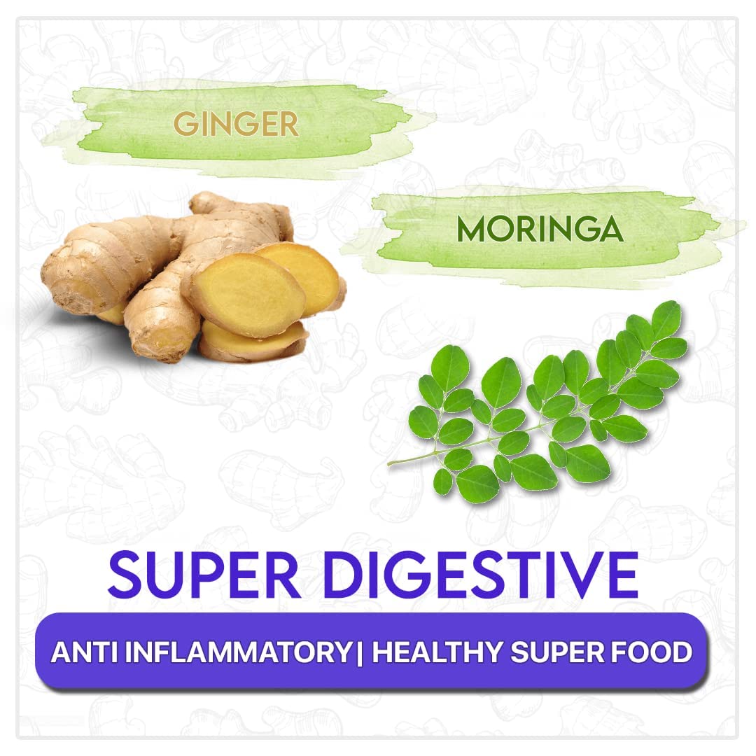 Blue Tea Caffeine Free Ginger Moringa Herbal Tea - 10 Pyramid Tea Bags In Zipper Pack | Enhances Immune System - Gluten Free, Non-GMO