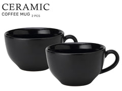 Ceramic Soup & Coffee Wide Large Mug With Handle - Set Of 2, 350ml Each, Black | Bone Ash Free & Microwave Safe - For Maggi, Cappuccino, Latte, Green Tea - Matte Finish